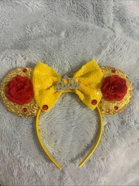 Yellow Sequin Princess Mouse Ear Headband with Red Rose Accents